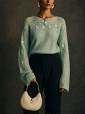 Womens Sequin Pointelle Knit Sweater Fuzzy Open Work Top