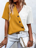 Trendy Contrast Color V Neck Half Sleeve Button Shirt for Lady