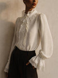 Women Victorian White Lace Ruffle High Neck Bell Sleeve Top
