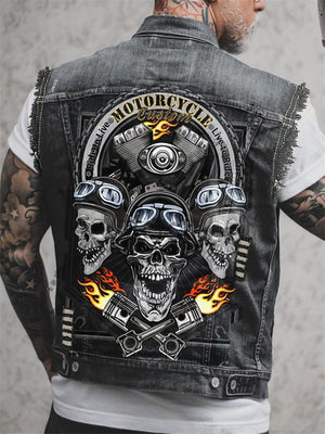 Punk Rock Motorcycle Denim Vest with Skull Print