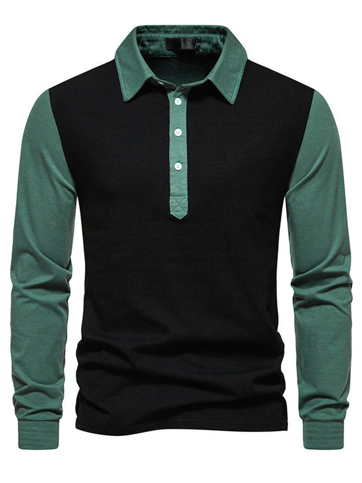 Men's Splicing Contrast Color Long Sleeved Polo Shirt