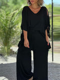 Women's 2Pcs Solid Color Shoulder Cut Lace Up Sleeve Shirt &Pants Set