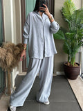 Women's 2Pcs Casual Solid Color Button Up Long Sleeve Shirt & Pants Set