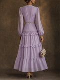 Women's V Neck Lantern Sleeve Split Big Hem Ruffle Maxi Dress