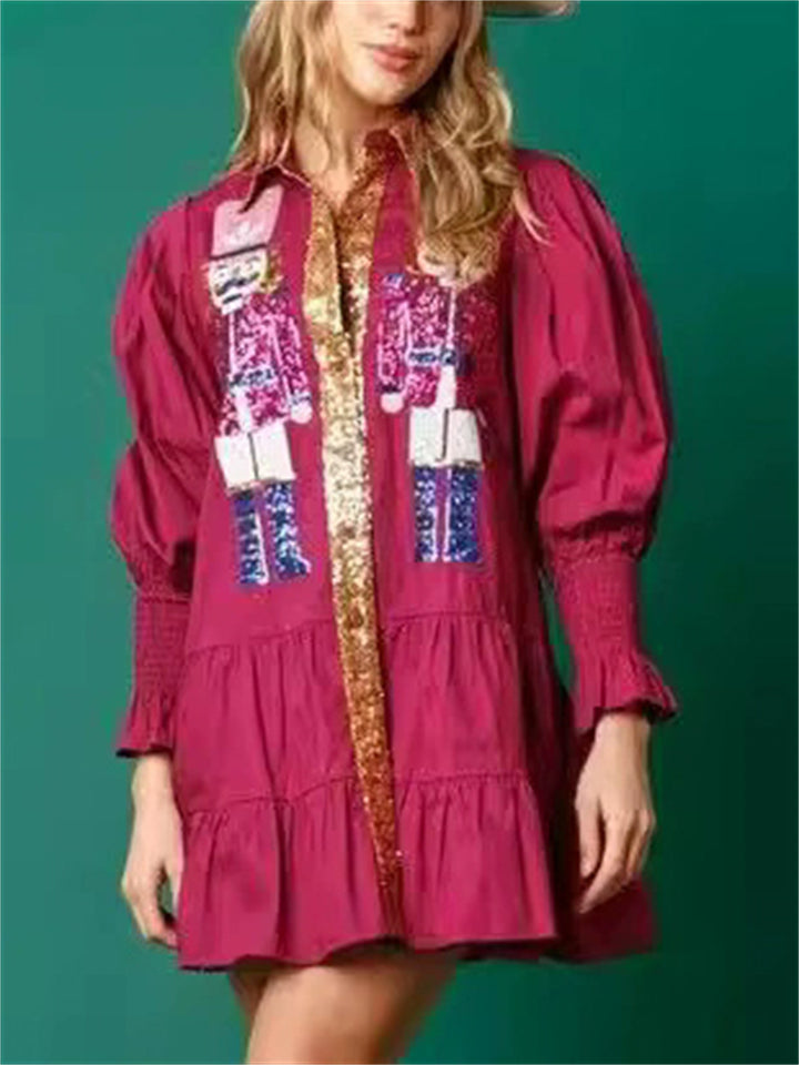 Women's Contrast Color Sequined Long Sleeve Lapel Shirt Dress