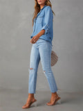 Women's Blue Single Breasted Lapel Denim Blouses