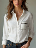 Classic Imitation Denim White Button Up Blouses for Women with Pockets