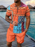 Men's 2 Piece Summer Holiday Style Print Quarter Zip Polo Shirt Shorts Outfits
