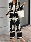 Women's Casual Ethnic Style Printed Long Sleeve Top & Wide Leg Pants Set