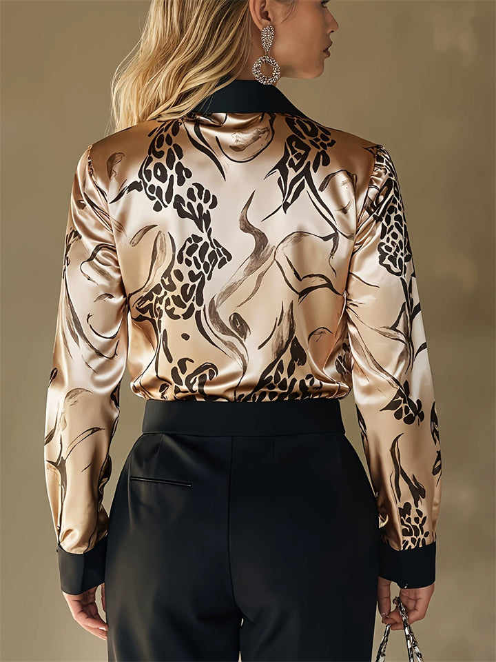 ‌Elegant Satin Button Up Leopard Print Long Sleeve Blouses for Women‌