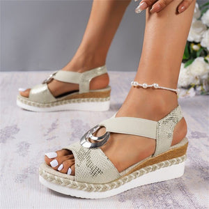 Women's Retro Snake Print Metal Ring Roman Wedge Sandals