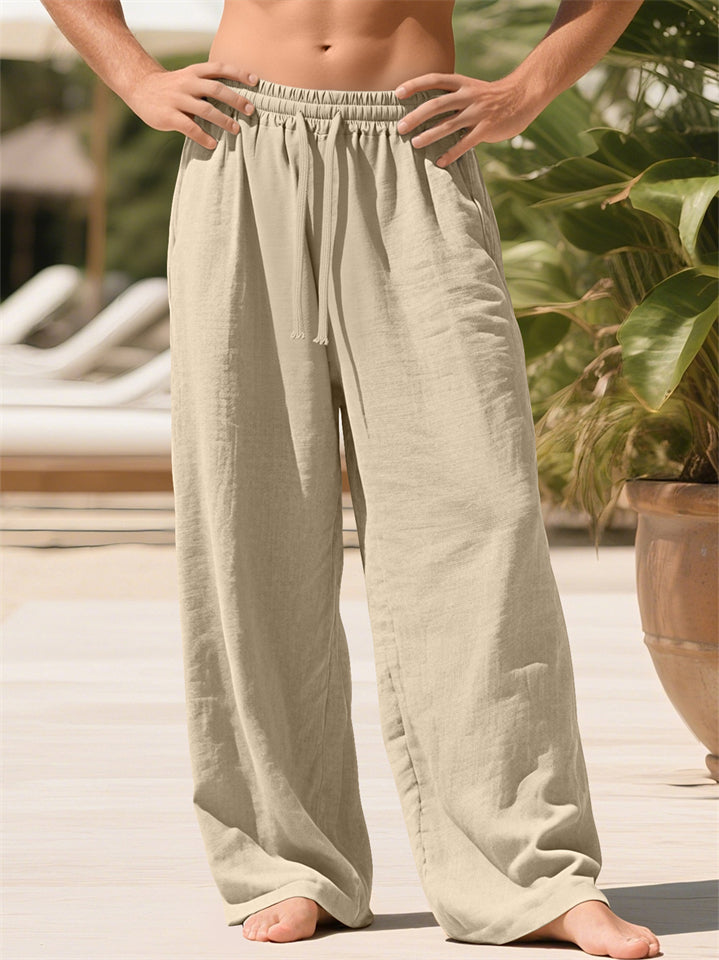 Men's Linen Blend Wide Leg Drawstring Summer Beach Pants