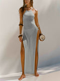 Female Sexy Split Beachwear Halter Neck Knit Cover-up Dress