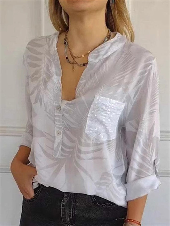Women's Casual Print V Neck Button Up Long Sleeve Shirt