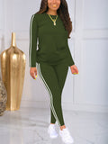 Women's Casual Side Striped Round Neck Long Sleeve Top and Fitted Pants Set