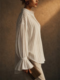 Women F‌rench Style Ruffle Bell Sleeve Button Down Striped Top