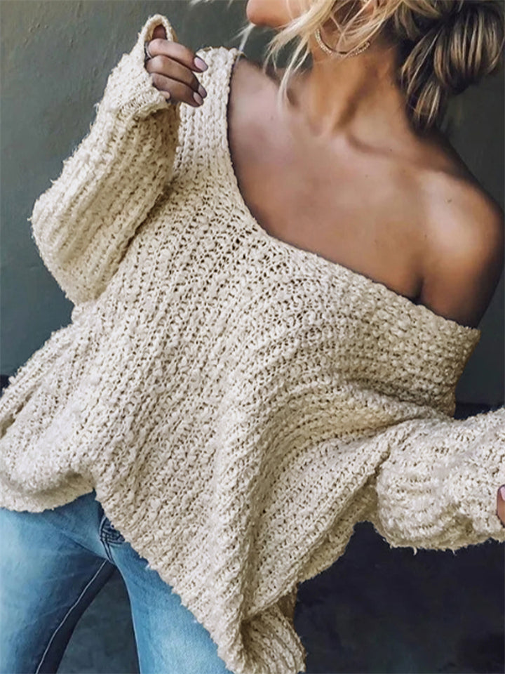 ‌Women's Candy Color Sexy Oversized V Neck Hollow Knit Sweaters