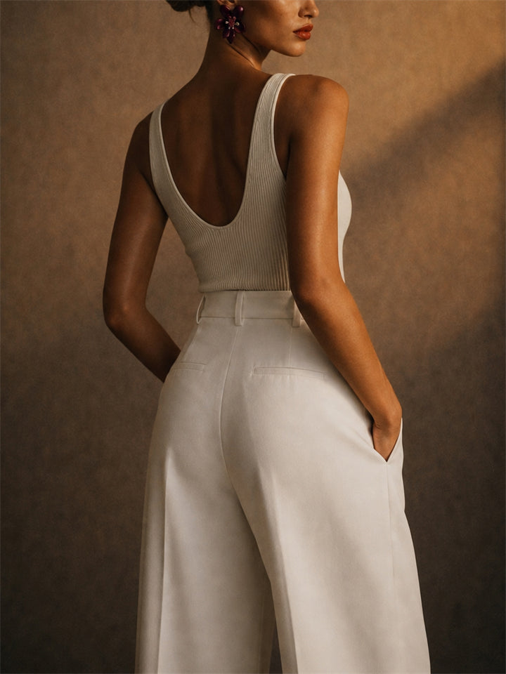 Women Casual Office High Waist Wide Leg Pleated Elegant Trousers