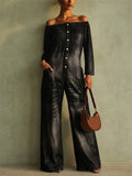 Women Off Shoulder Button Up Wide Leg 3/4 Sleeve Jumpsuit