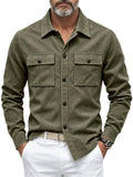 Men Autumn Faux Suede Button Down Chest Pockets Shirt Jacket