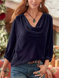 ‌Women's Casual Loose Velvet Cowl Neck Long Sleeve Blouse