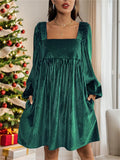 Women's Square Collar Long Sleeve Velvet Dress for Christmas