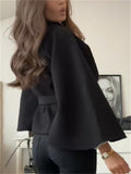 Women's Solid Color Stand Collar Tie-waist BatWing Sleeve Coats
