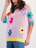Women's Summer 3D Flower Short Sleeve Knit Sweater T Shirt