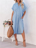 Women's Casual Mid-Length Split Short Sleeve Denim Dress