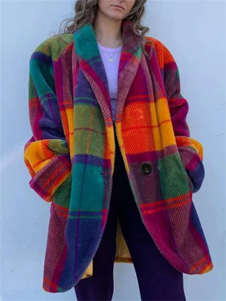 Women's Autumn Contrast Color Plaid Lapel Single Breasted Coats