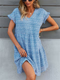 Women's Summer Printed Chiffon V Neck Ruffled Sleeve Dress