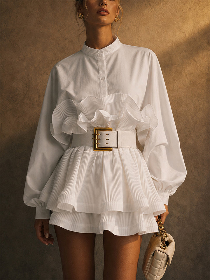 Womens Chic Ruffle Pleated Puff Sleeve Tiered Peplum Blouse