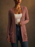 Women Ribbed Knit Open Front Cardigan with Pleated Pockets