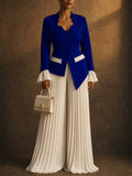 Women 2 Piece White Ruffle Blazer and Pleated Wide Leg Pants Set