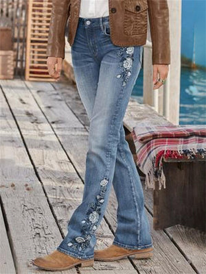 Women's Vintage Floral Embroidery Slim Fit Micro Flared Jeans