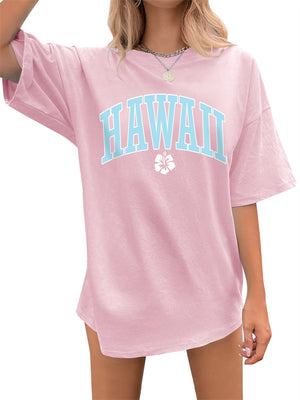 Flower & HAWAII Printed Round Neck T-shirts for Women