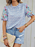 Ladies Floral Embroidered Leaf Print Puff Sleeve T-shirts