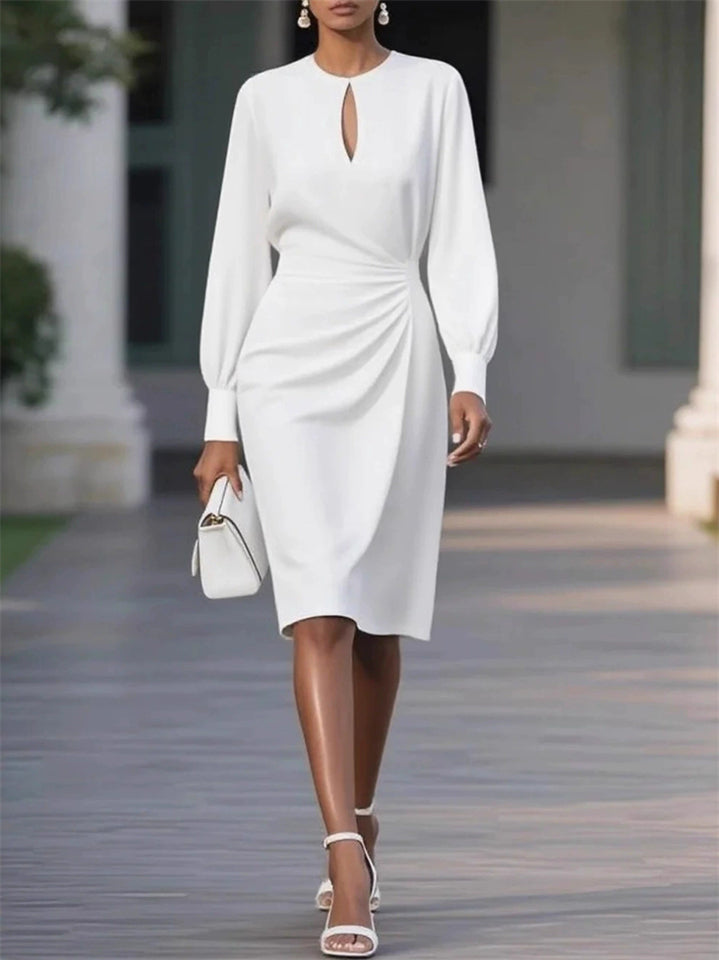 Ladies' Elegant Solid Color Pleated Waist Round Neck Long Sleeve Dress