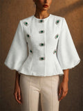 Women Faux Emerald Jewel Button Puff Sleeve Peplum Top