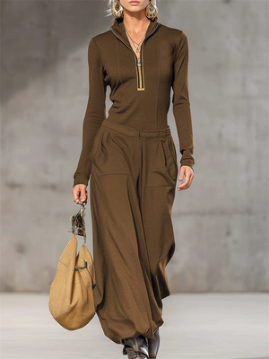 Women's Trendy Autumn Zipper Stand Collar Top & Pockets Wide Leg Pants Outfit