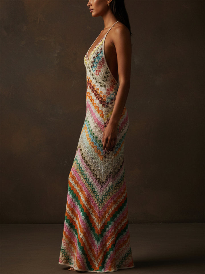 Women Crochet Zigzag Halter Backless Slim Fit Boho Beach Maxi Dress