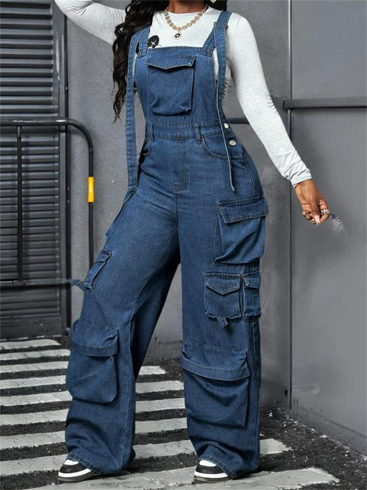 Women's Casual Loose Fit Adjustable Strap Denim Overalls Jumpsuits with Pockets