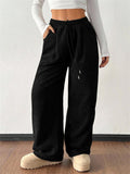 Women's Drawstring Loose Fit High Waist Corduroy Wide Leg Pants