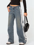 Women's Retro Mid Waist Side Stripe Straight Denim Pants