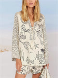 Women's 2pcs Summer Print Long Sleeve Satin Top & Short Pants Set