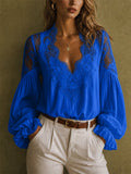 Womens Lace V Neck Lantern Sleeve Boho Ruffle Blouse