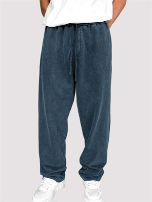 Men's Autumn Solid Color Cotton Distressed Drawstring Straight Trousers