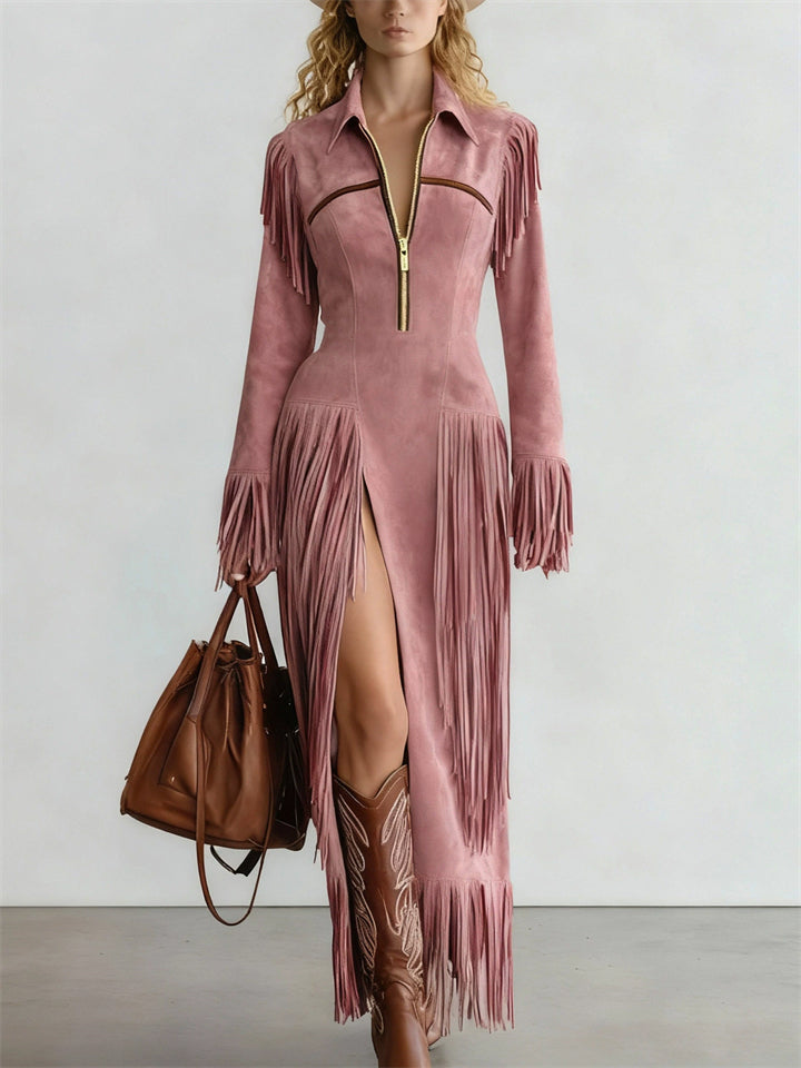 A‌utumn Boho Fringe Pink Suede Dress for Women with Zipper and Slit‌