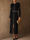 Women Classy Black Geometric Pattern Slit Slimming Knit Dress