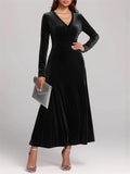 ‌Women's Elegant V-Neck Long Sleeve Velvet Maxi Dress‌